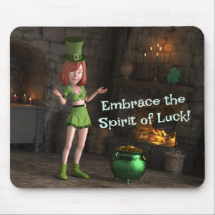 Leprechaun Toon Girl Next to the Pot of Gold Mouse Pad