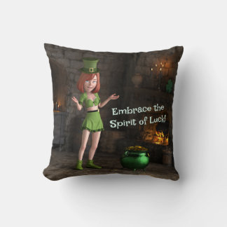 Leprechaun Toon Girl Next to the Pot of Gold Throw Pillow