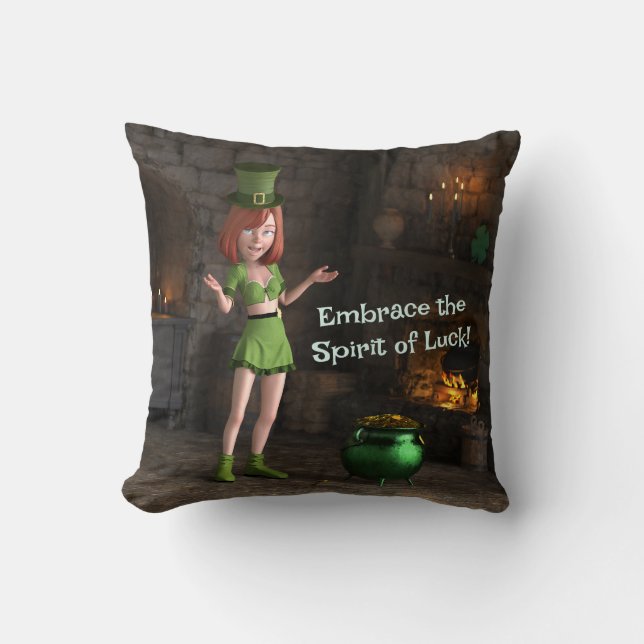 Leprechaun Toon Girl Next to the Pot of Gold Throw Pillow (Front)