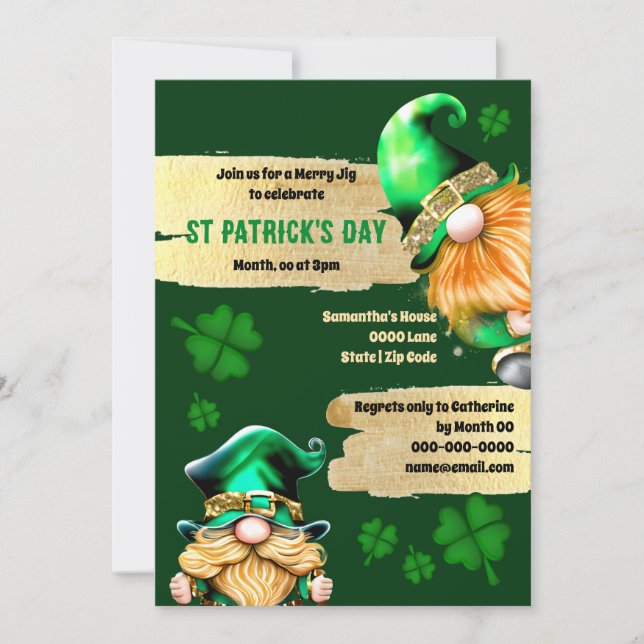 Leprechauns cute gnomes gold green clovers holiday invitation (Front)