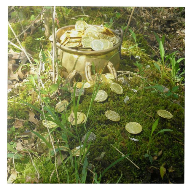 "Leprechaun's Pot of Gold in Moss!" Ceramic Tile (Front)