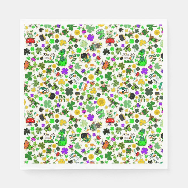 Leprechauns Shamrocks Gold Mushrooms Kiss Me Irish Napkin (Front)