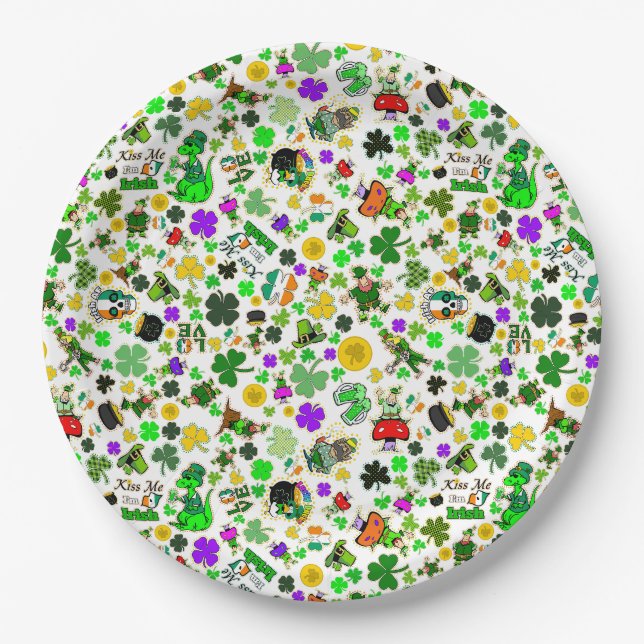 Leprechauns Shamrocks Gold Mushrooms Kiss Me Irish Paper Plate (Front)