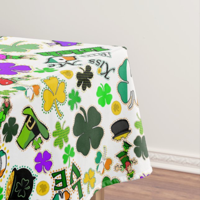 Leprechauns Shamrocks Gold Mushrooms Kiss Me Irish Tablecloth (In Situ)
