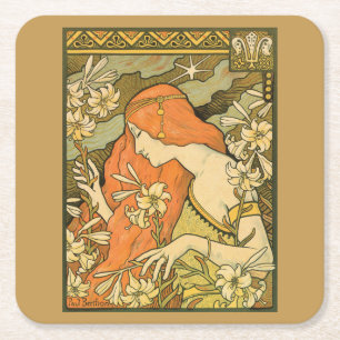 L'Ermitage French Nouveau Woman in Field of Flower Square Paper Coaster