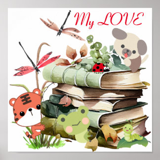 Les animaux mignons sur une pile de livres Poster 