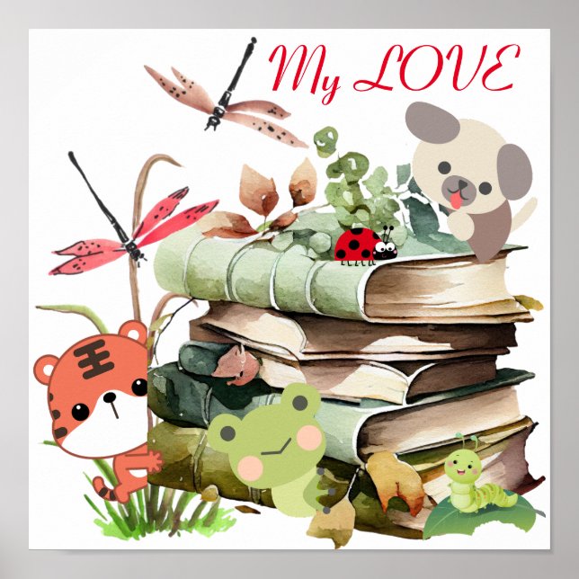 Les animaux mignons sur une pile de livres Poster  (Devant)