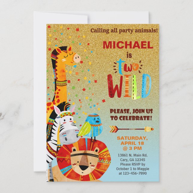 Les animaux Safari garçon invitation de 2ème anniv (Devant)