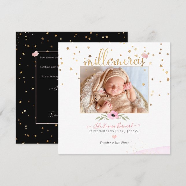 Les etoiles d'or Remerciement Naissance Fille Invitation (Front/Back)