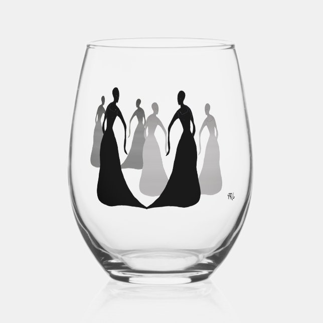 Les Femmes Black and Grey Stemless 16oz.Wine Glass (Front)