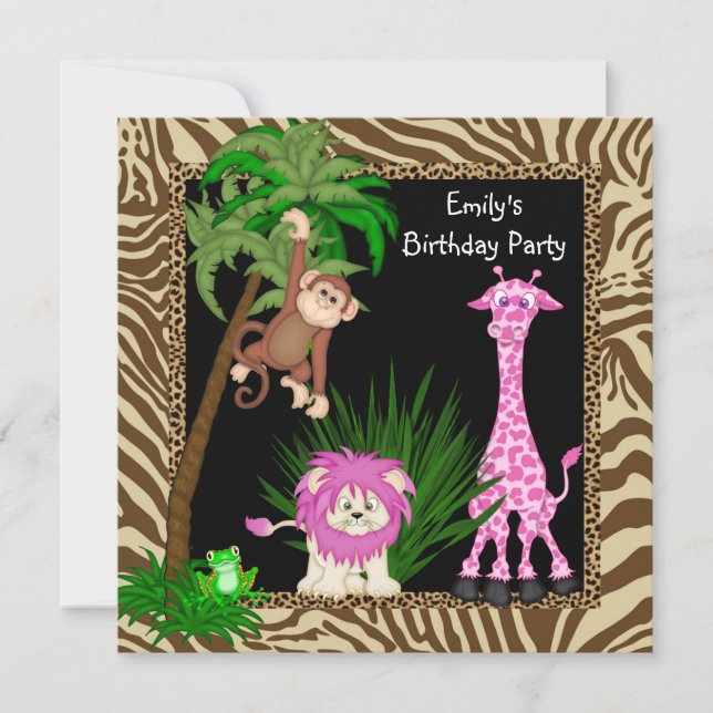 Les Filles Jungle Safari Invitations de fête d'ann (Devant)