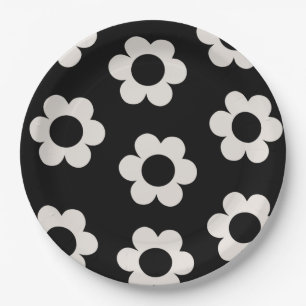 Les Fleurs 02 Black And White Floral Retro Flowers Paper Plate