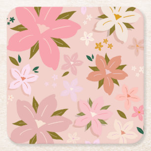 Les Fleurs 05 Floral Pattern Blush Pink Flowers Square Paper Coaster