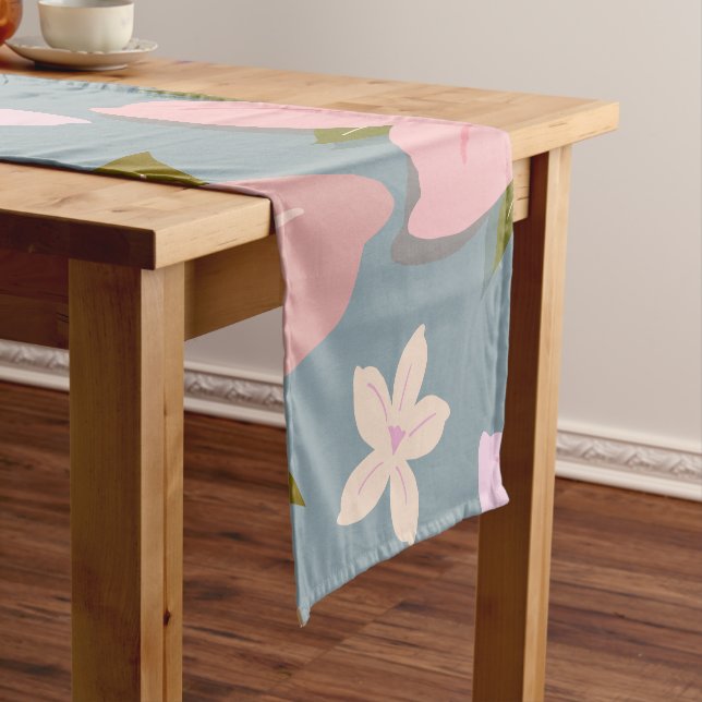 Les Fleurs 06 Flower Pattern Blue And Blush Floral Short Table Runner (In Situ)