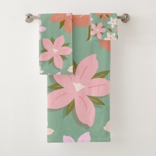 Les Fleurs 07 Abstract Flowers Green Blush Floral Bath Towel Set