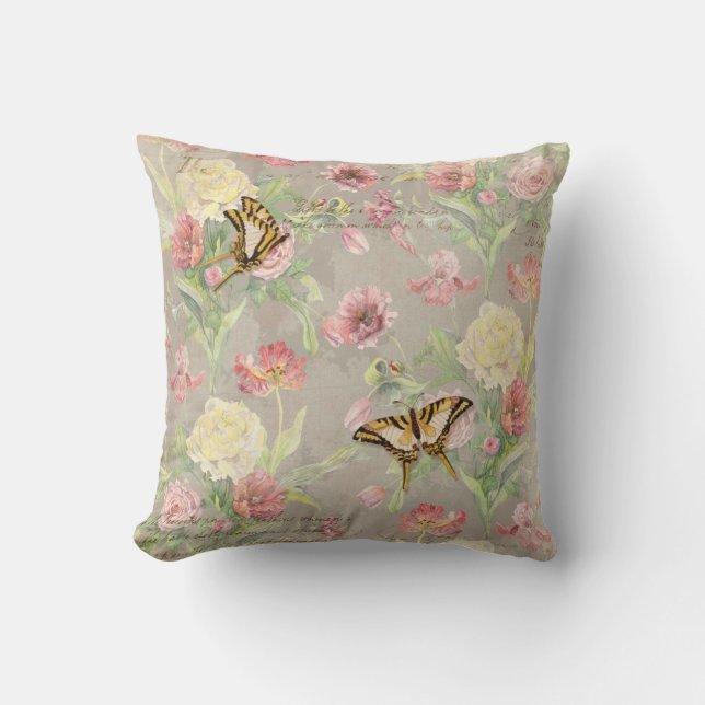 Les Fleurs Peony Rose Tulip Iris Floral Flowers Throw Pillow (Front)