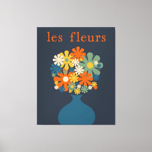 Les Fleurs Retro Flowers in Vase Blue Orange Canvas Print (Front)