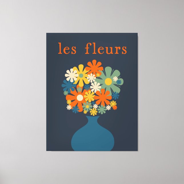 Les Fleurs Retro Flowers in Vase Blue Orange Canvas Print (Front)