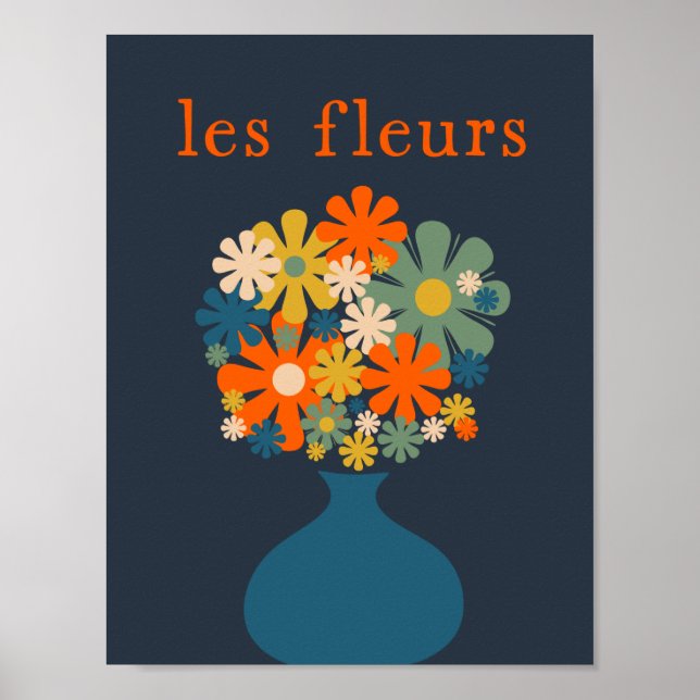 Les Fleurs Retro Flowers in Vase Blue Orange Poster (Front)