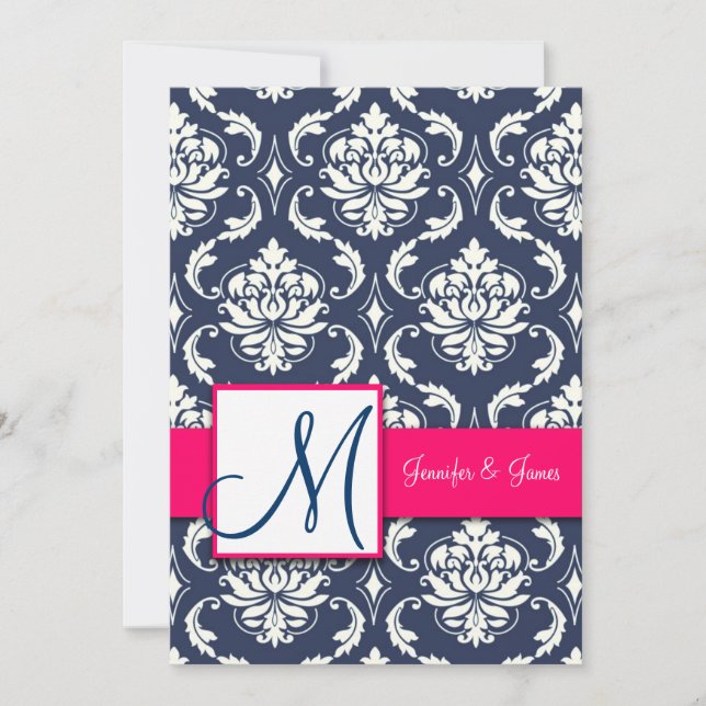 Les invitations bleues de monogramme de damassé (Devant)