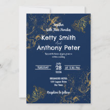 Les invitations de mariage sont bleu foncé, or et