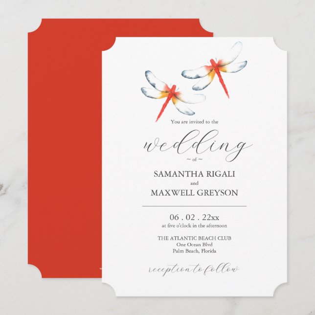 Les libellules rouges Faire-part de mariage unique (Devant / Derrière)