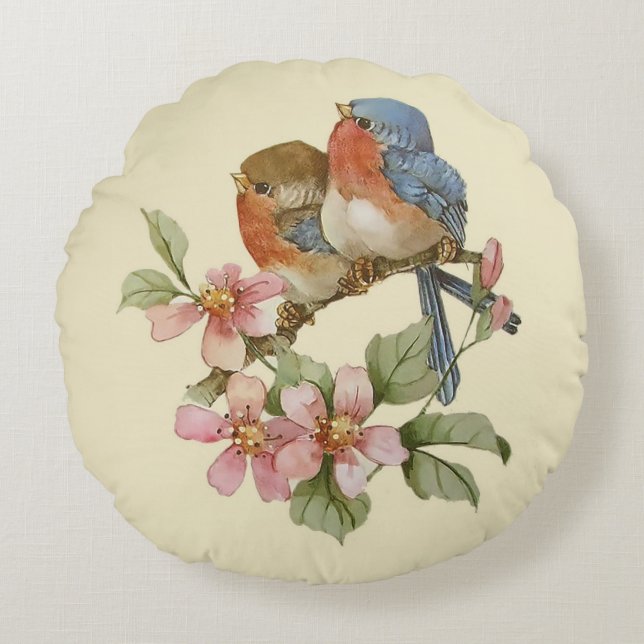 Les oiseaux bleus et les fleurs d'Apple en Coussin (Devant)