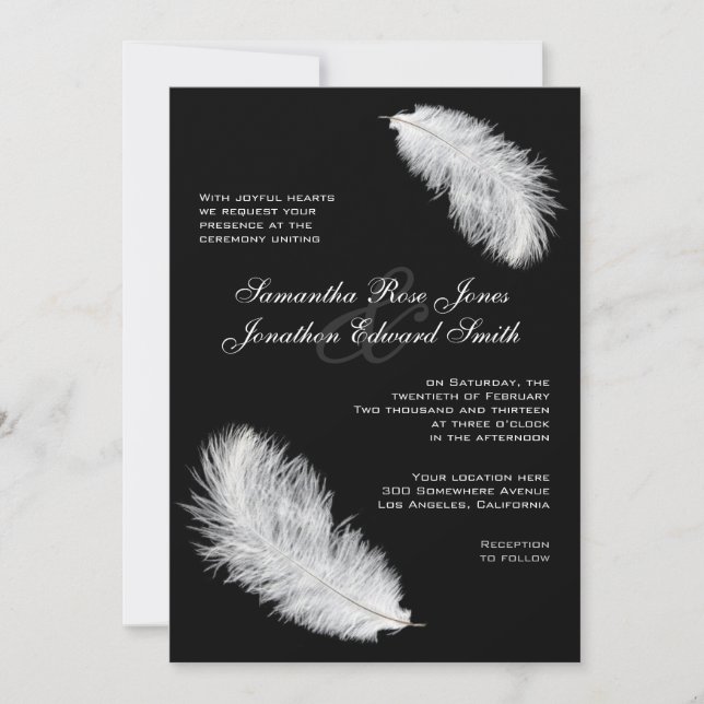 Les Plumes blanches Faire-part de mariage noir (Devant)