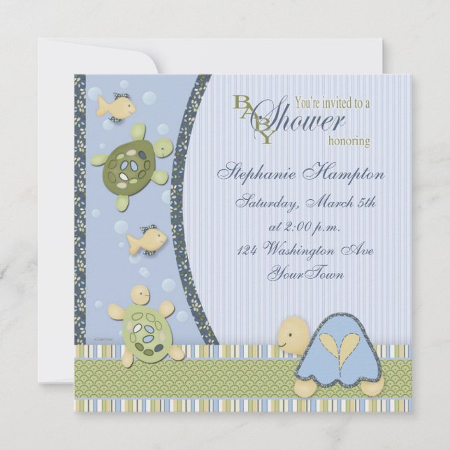 Les tortues en Baby shower bleu et vert Invitation (Devant)