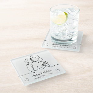 Lesbian Anniversary Elegant Personalized Line Art Glass Coaster