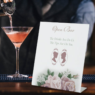 Lesbian Brides Regency Pink Roses Open Bar Pedestal Sign