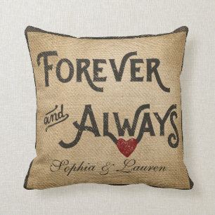 Lesbian Burlap Forever Always Heart Personalized Throw Pillow