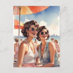 Lesbian Couple At Retro Sapphic Beach Party Postcard