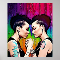 Lesbian Couple Holding Hands Rainbow Art