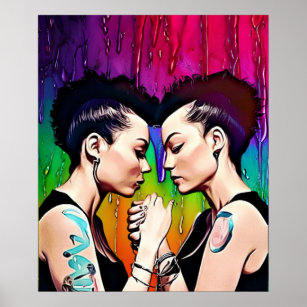 Lesbian Couple Holding Hands Rainbow Art Poster