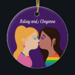 Lesbian Couple Kiss Cute Custom Gay Pride Purple Ceramic Ornament<br><div class="desc">Romantic LGBT Christmas ornament featuring two pretty girls kissing. This cute drawing features a cute blonde woman and a beautiful brunette female in a rainbow shirt. Customize this purple LGBTQ gift with your own custom text.</div>