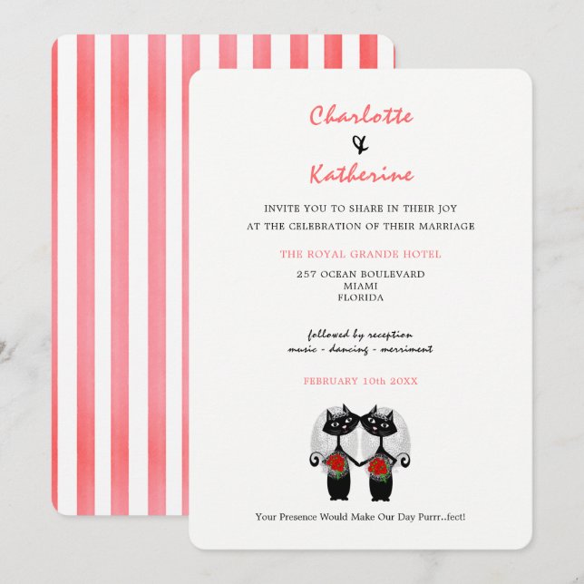 Lesbian Couple LGBTQ Mariage Cute Cats Invitation (Devant / Derrière)