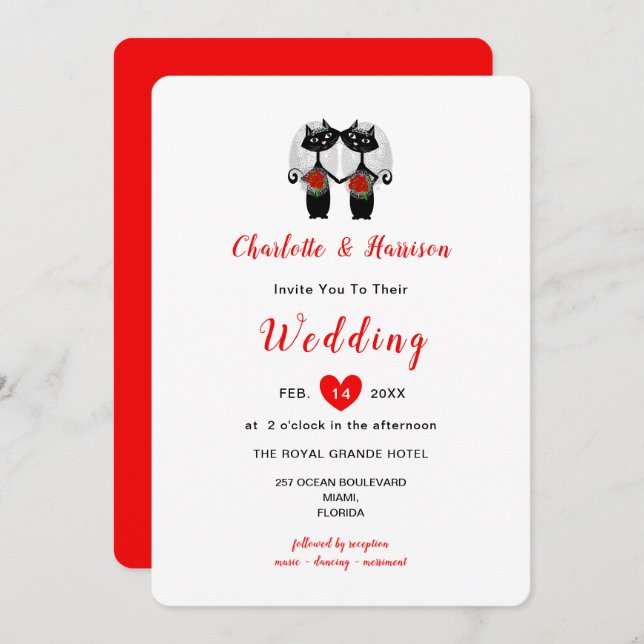 Lesbian Cute Whimsy Black Cats Wedding Invitation (Front/Back)
