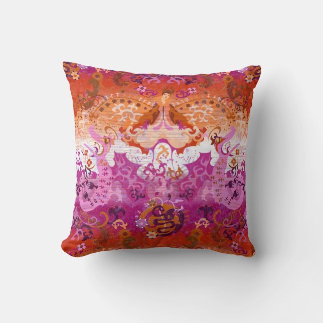 Lesbian dragon damask - new 2018 pride flag colour throw pillow (Front)