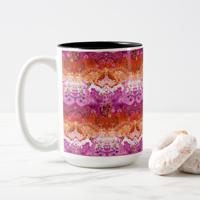 Lesbian dragon damask - new 2018 pride flag colour Two-Tone coffee mug (With Donut)