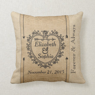 Lesbian Fancy Burlap Anniversary Date Heart Throw Pillow