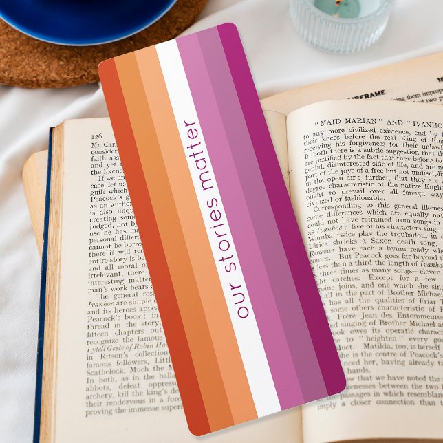 Lesbian Flag Pink Orange Stripes Womens Bookmark (Mockup of bookmark on book. Photo by Freepik.)