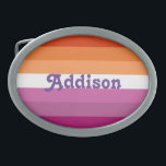 Lesbian flag with personalized name gift belt buckle<br><div class="desc">Lesbian flag with personalized name gift, belt lgbt flag, pride parade, london pride, pansexual flag, non binary, pansexuality, fashion belt, vintage wear, pansexual belts, heart symbol, pride, gay pride, gay rights, lesbian, gay pride flag, lgbt, lgbtq, lesbian flag, lesbians, lesbiana, glitter, flag, rainbow, gay, accessory, accessories, gift, sparkles, unicorn, sparkly,...</div>
