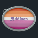 Lesbian flag with personalized name gift belt buckle<br><div class="desc">Lesbian flag with personalized name gift, belt lgbt flag, pride parade, london pride, pansexual flag, non binary, pansexuality, fashion belt, vintage wear, pansexual belts, heart symbol, pride, gay pride, gay rights, lesbian, gay pride flag, lgbt, lgbtq, lesbian flag, lesbians, lesbiana, glitter, flag, rainbow, gay, accessory, accessories, gift, sparkles, unicorn, sparkly,...</div>
