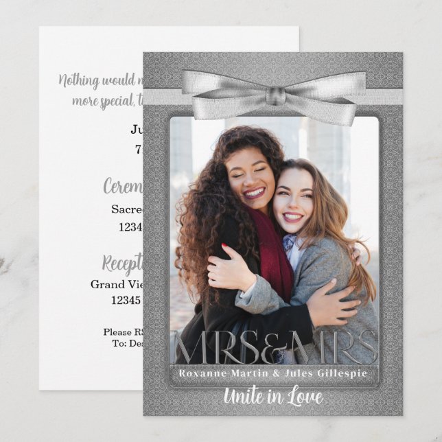 Lesbian Gay Wedding Invitation Two Brides Silver (Front/Back)