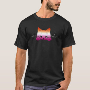 Lesbian Heartbeat Cute Peeking Cat Pride Love T-Shirt