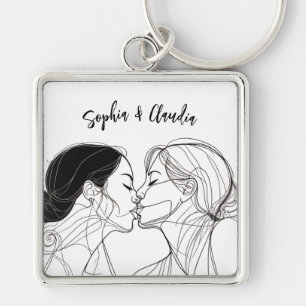 Lesbian Kiss Elegant Couple Matching Keychain