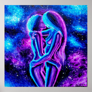 Lesbian kiss in blue and purple poster