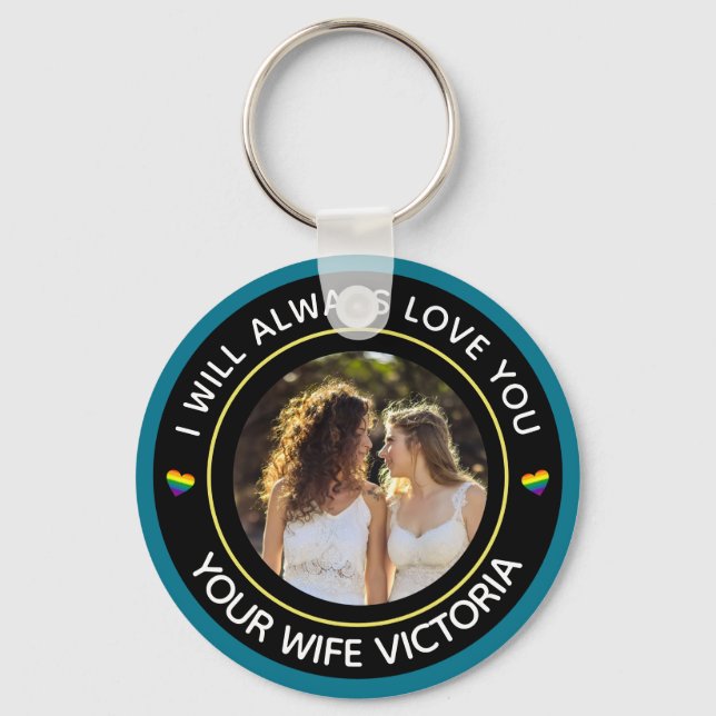 Lesbian LGBTQ Photo Wedding Couple Rainbow Custom  Keychain (Front)