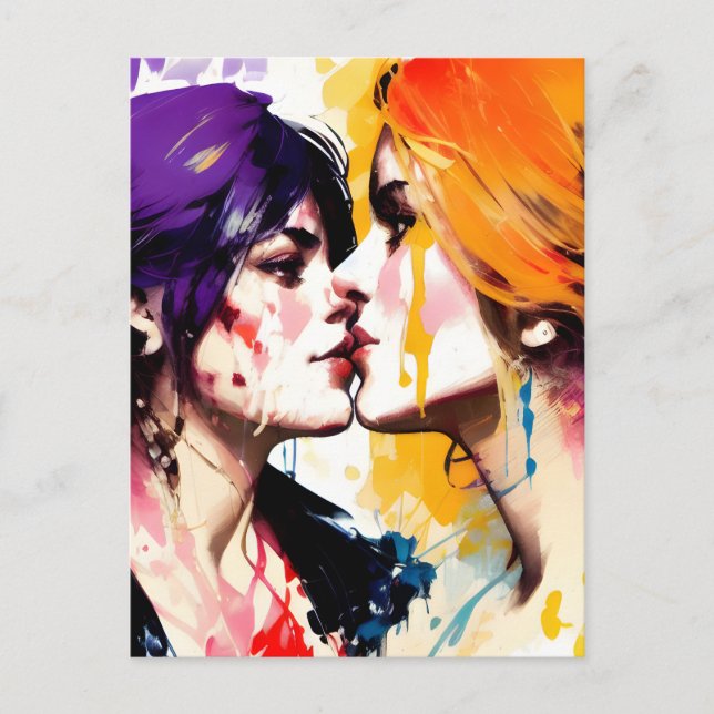 Lesbian Lovers Kiss Colourful Paint Splatters Postcard (Front)